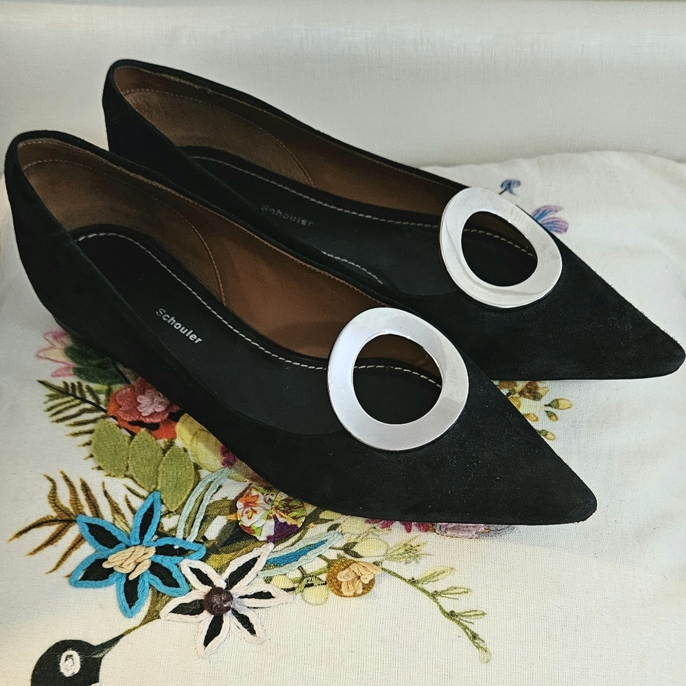 Proenza schouler suede pointy toe flat with metal circular disc detail